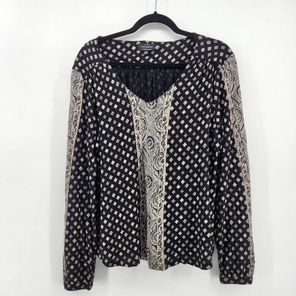 Lucky Brand Women's Long Sleeve V-Neck Blouse Top Black Beige Diamond Print L